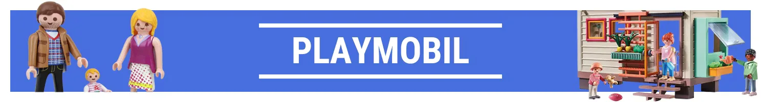 Playmobil banner med Playmobil familie og hus.